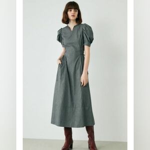 Japanese brand Moussy puffer sleeve/cinch waist cotton midi dress